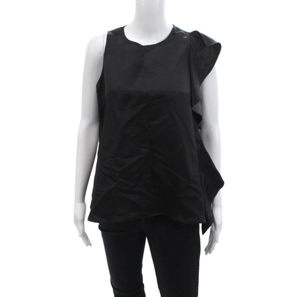 Yune Ho Womens Sleeveless Crew Neck Ruffled Blouse Top Black Size Medium